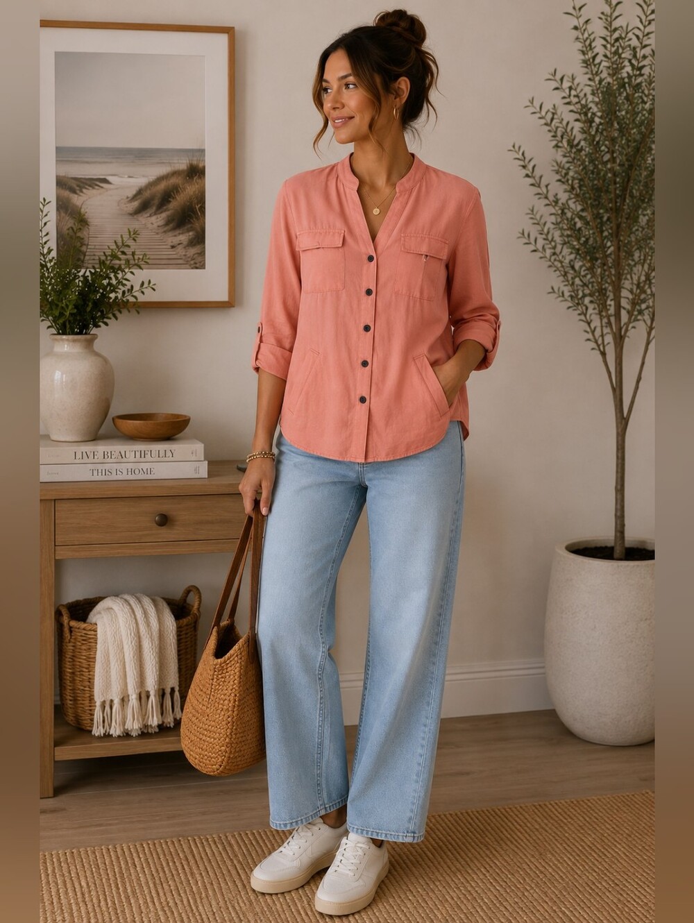 JM Collection Coral Pink Tencel Utility Jacket Women’s 8 Lightweight Safari Butt